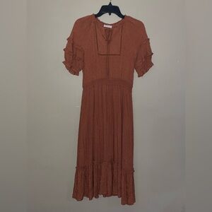By the River rust-colored ruffled boho modest midi dress size M